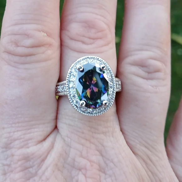 New Halo Oval Mystic Topaz & CZ 925 Silver Ring. - Picture 3 of 16